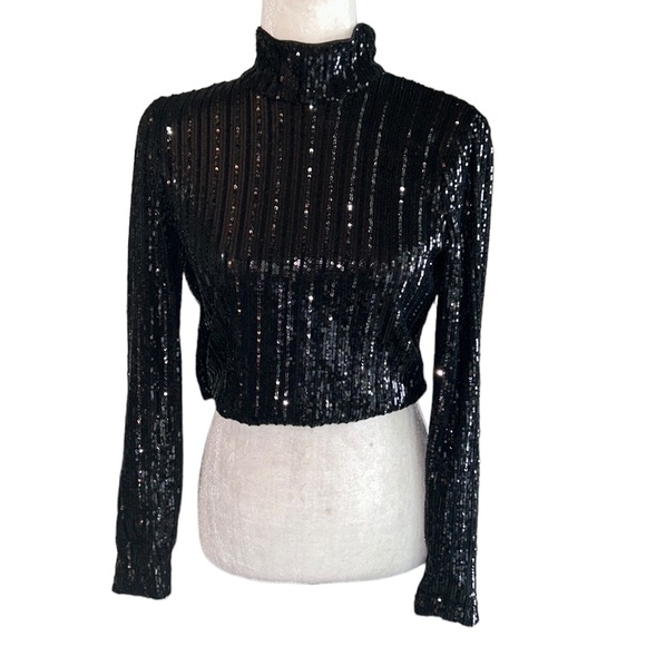 Zara Trafaluc Collection Black Sequin Mock Neck Draped Wrap Back Cropped Top - M - Picture 11 of 11